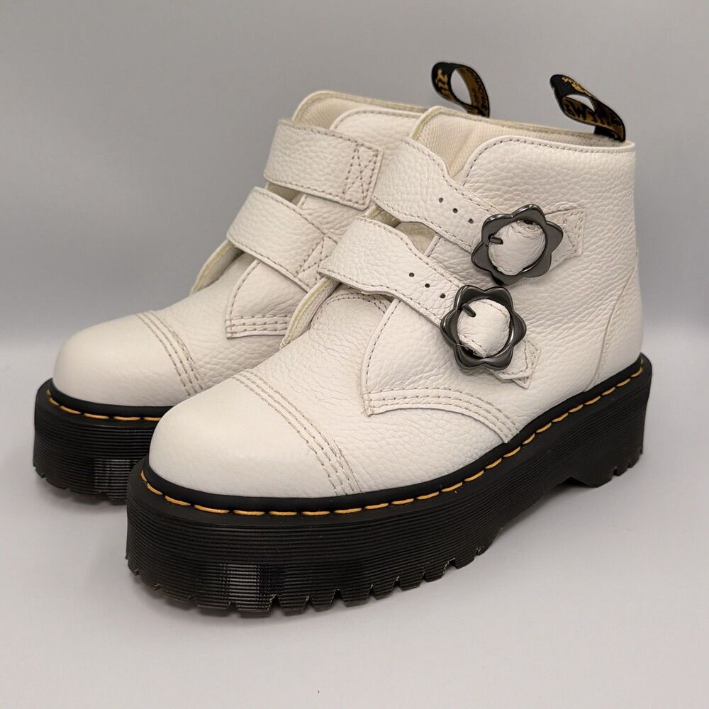 Dr. Martens Devon Flower Buckle Leather Platform Boots White Women’s US 8 EU 39